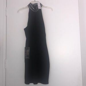 Bebé Black Mini Dress w/ Embellished Neck